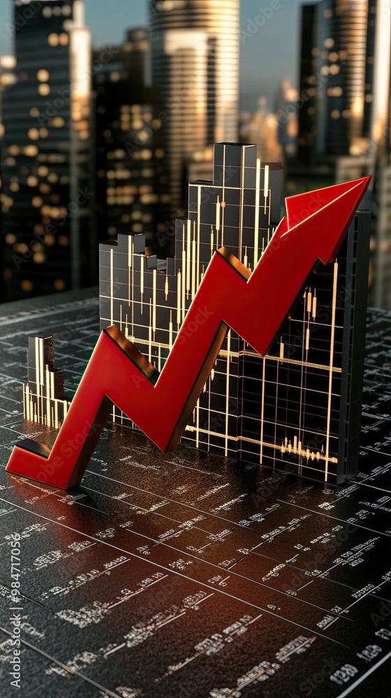 Poster a financial visualization showcases a downward trend in stock prices with red arrows and bar graphs 