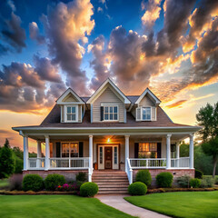 a house with a large front porch and a sky