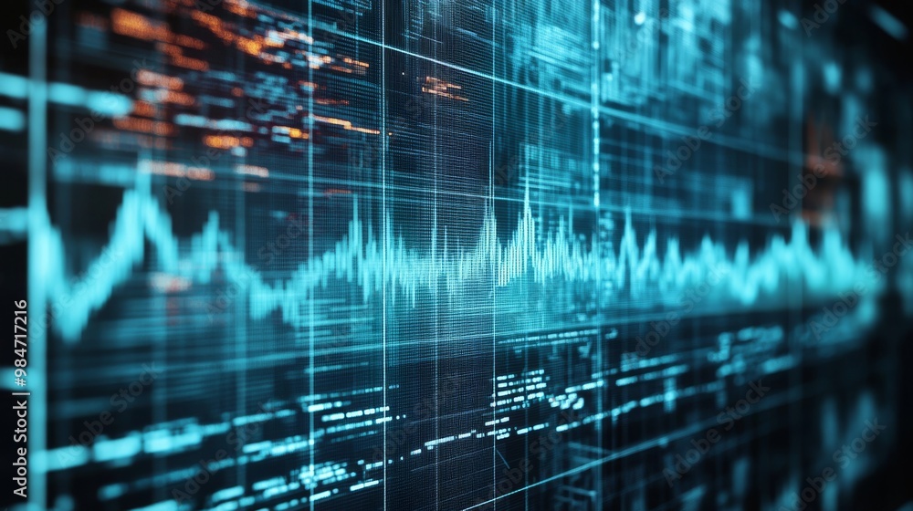 Poster a digital seismograph visualization that displays realtime earthquake data on a computer screen, eff
