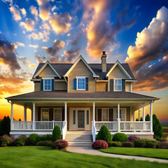 a house with a large front porch and a sky