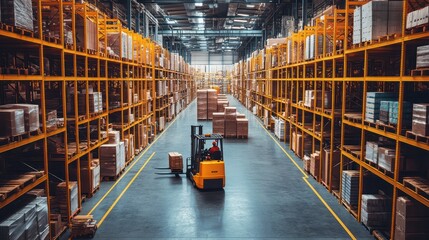 Warehouse and logistics management, featuring forklifts, automated systems, and coordinated teams moving goods efficiently