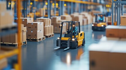 Warehouse and logistics management, featuring forklifts, automated systems, and coordinated teams moving goods efficiently
