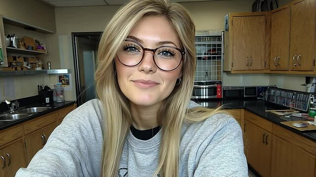 A young woman with long blonde hair and glasses engages warmly with viewers from her kitchen, discussing daily thoughts and experiences from her home.