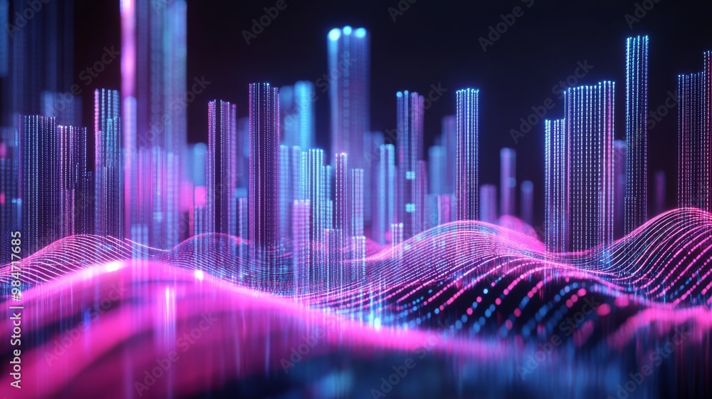 Poster a vibrant and captivating display showcasing sound waves and data patterns in a beautiful array of s