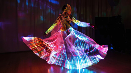 Fototapeta na wymiar Clothing that responds to music, with patterns and colors pulsing to the beat, turning the wearer into a living light show