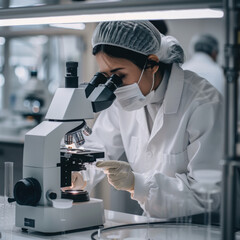 Fototapeta premium Crop unrecognizable female specialist in uniform with medical sample in microscope at work in laboratory.