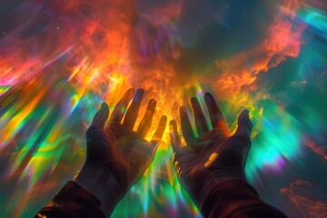 Two hands reaching up towards a colorful, glowing cloud