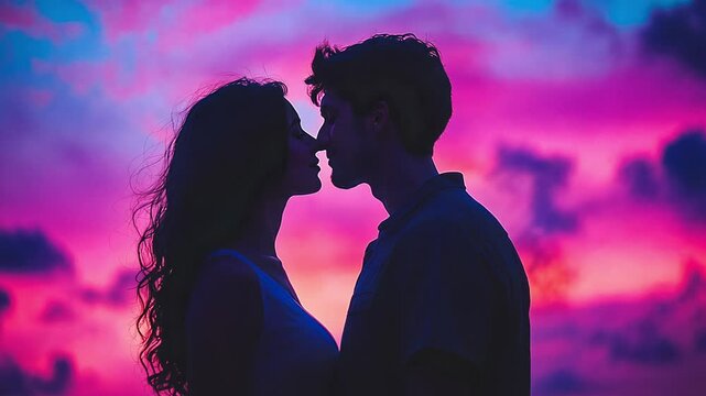 A couple stands close, sharing an intimate moment while silhouetted by a stunning sunset. Their connection is evident as they enjoy the beautiful twilight colors around them.