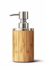 Obraz premium Elegant bamboo soap dispenser with a sleek silver pump, perfect for modern bathrooms and eco-friendly styling, white background