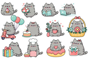 Pusheen the cat kawaii clipart set. Cute cat. Vector graphics. Isolated on white background.