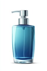 Elegant blue cosmetic bottle with a pump, ideal for lotions, creams, or liquids, showcasing modern design and functionality, white background