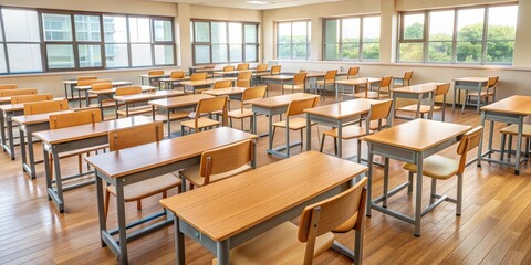 Classroom setting with wooden desks and chairs arranged neatly , classroom, desk, chair, school, education, learning