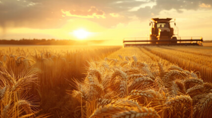 Fototapeta premium A truck driving through a golden wheat field at harvest time, with a combine harvester working in the background and the sun setting over the rural landscape