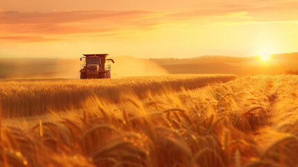 Fototapeta premium A truck driving through a golden wheat field at harvest time, with a combine harvester working in the background and the sun setting over the rural landscape