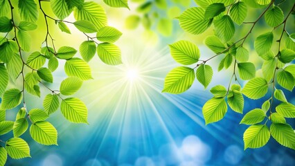 Fresh spring scene with green leaves and blue sky, spring, green, leaves, vibrant, nature, foliage, blue, sky, seasonal