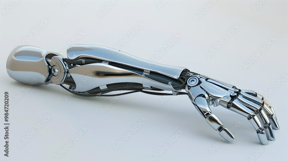 Poster sleek and futuristic prosthetic arm with integrated touch sensors highlighting advanced functionalit