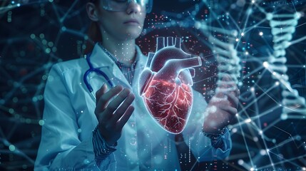 Futuristic Geneticist Wielding Holographic Heart and DNA Data