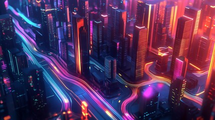 Fototapeta premium An astonishing aerial perspective of a neonlit cityscape showcasing flowing lights and vibrant colors at night