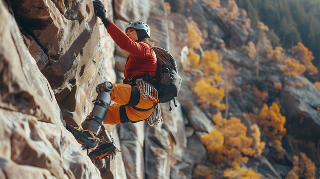 Mountaineer Conquers Rock Face with Rugged Prosthetic Arm in Extreme Sports Adventure