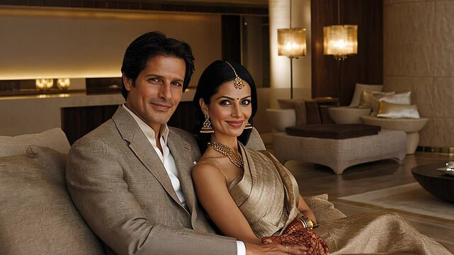 A couple dressed in beautiful traditional outfits shares a joyful moment in a sophisticated hotel lounge, surrounded by warm lighting and elegant decor.