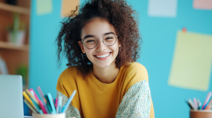 Young woman with curly hair smiles at a desk filled with colorful stationery in a bright room
