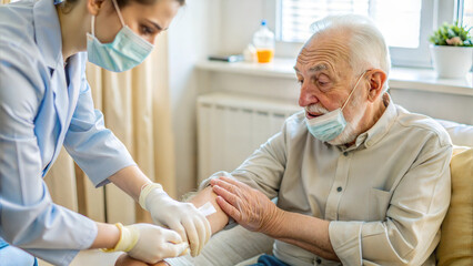 Obraz premium Nurse bandaging elderly man with face mask in a bright indoor setting 