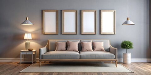Fototapeta premium Four frames hanging in a bedroom with lamp, small sofa, and render, bedroom, frames, wall, lamp, sofa, home decor