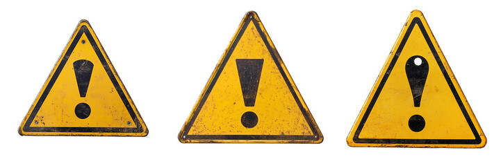 A triangular yellow warning sign with a black exclamation mark isolated on Transparent