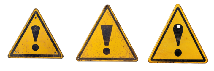 A triangular yellow warning sign with a black exclamation mark isolated on Transparent