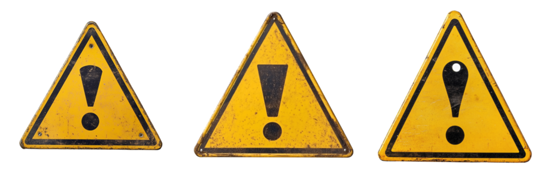 A triangular yellow warning sign with a black exclamation mark isolated on Transparent