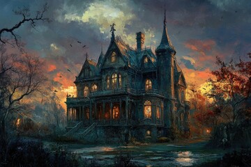 Obraz premium A Haunted Gothic Mansion at Twilight