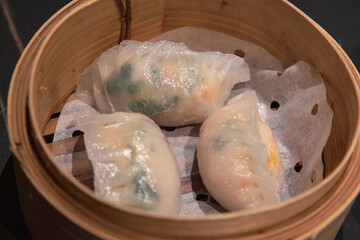 Chiu Chow-style dumplings filled with prawns, chives, and veggies, steamed and served at a Yum Cha session