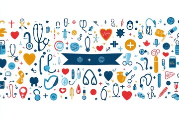 Naklejka premium Colorful healthcare iconography featuring medical tools and symbols in a horizontal layout