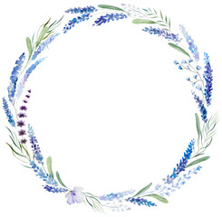 Obraz premium Circle frame made of watercolor lavender flowers and leaves illustration. Floral element for wedding