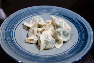 Freshly Steamed Pork or Vegetable Chinese Dumplings on a Striped Ceramic Plate, Glistening with Moisture