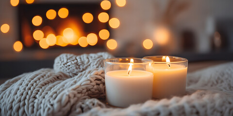 Lit candles in a cozy, holiday atmosphere.


