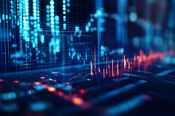 Insight into stock market expansion, business investments, and data analytics, illustrated with digital charts, graphs, and indicators on a blurred dark blue background