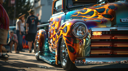 A truck with a vibrant, custom flame paint job parked at a car show, with intricate details glistening under the sunlight and onlookers admiring the craftsmanship