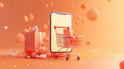 A shopping cart with gifts in front of a smartphone with a blank screen on a pink background with festive decorations.