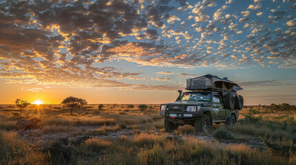 Fototapeta premium A truck with an overlanding rig, including a rooftop tent and storage boxes, parked in a remote savannah, with wildlife visible in the distance and the sun rising over the horizon