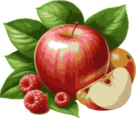 Fresh Fruit Apple, Citrus, Raspberry with Green Leaf Illustration