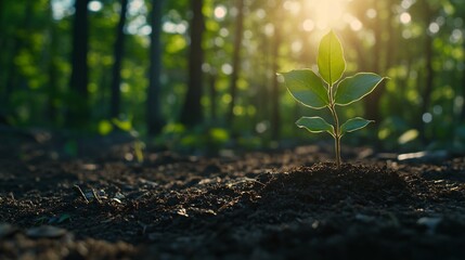 A Single Sapling Growing in the Forest Floor