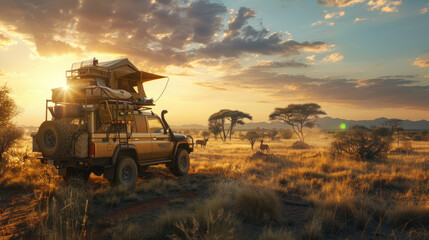 A truck with an overlanding rig, including a rooftop tent and storage boxes, parked in a remote savannah, with wildlife visible in the distance and the sun rising over the horizon
