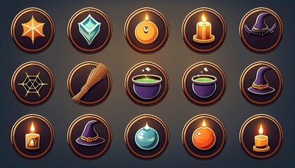 halloween magical icon set with witchy elements such as a bubbling cauldron, crystal ball, broomstick, spell book, potion bottle, and a pentagram.