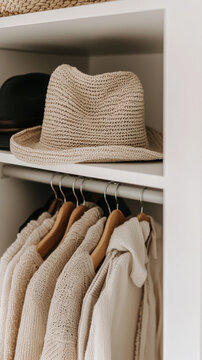 A white hat is hanging on a rack with other hats and clothes