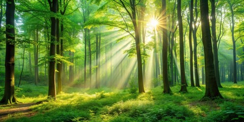 Obraz premium Sunlight filtering through the lush green forest, creating a magical and peaceful atmosphere , fantasy, world, green, forest