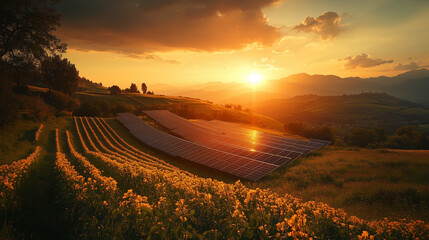 solar panels in the field on beautiful sunset