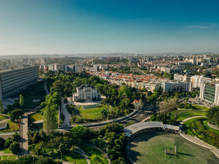 AERIAL View of Eduardo VII park with labyrinth in Lisbon, Portugal