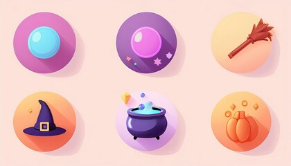 halloween magical 3D icon set with witchy elements such as a bubbling cauldron, crystal ball, broomstick, spell book, potion bottle, and a pentagram.