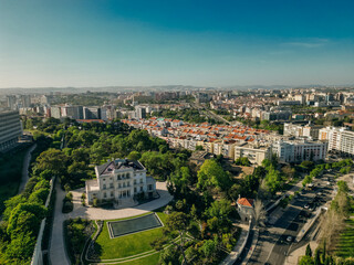 AERIAL View of Eduardo VII park with labyrinth in Lisbon, Portugal